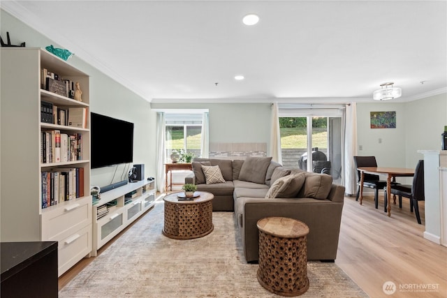12515 109th Ct NE Unit B104, Kirkland, WA 98034 - living room with crown molding, plenty of natural light, light wood-type flooring, and recessed lighting
