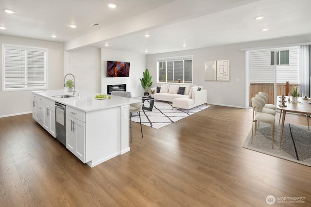 kitchen featuring stainless steel dishwasher, baseboards, a glass covered fireplace, a sink, and open floor plan
