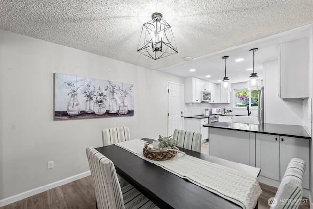 dining room featuring wood finished floors, a textured ceiling, recessed lighting, an inviting chandelier, and baseboards