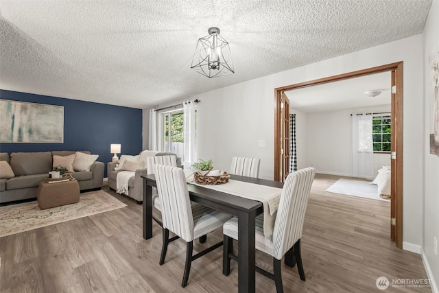 dining room with a textured ceiling, baseboards, and wood finished floors