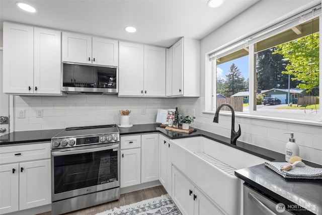kitchen with white cabinets, a wealth of natural light, stainless steel appliances, and recessed lighting