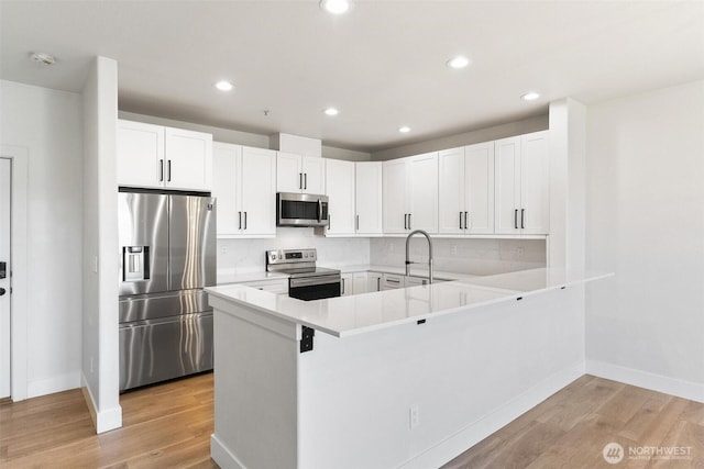 kitchen with appliances with stainless steel finishes, a sink, baseboards, light wood-style flooring, and recessed lighting