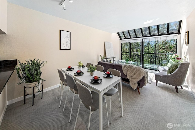 carpeted dining room featuring baseboards