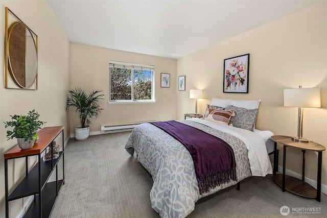 carpeted bedroom with baseboards and baseboard heating