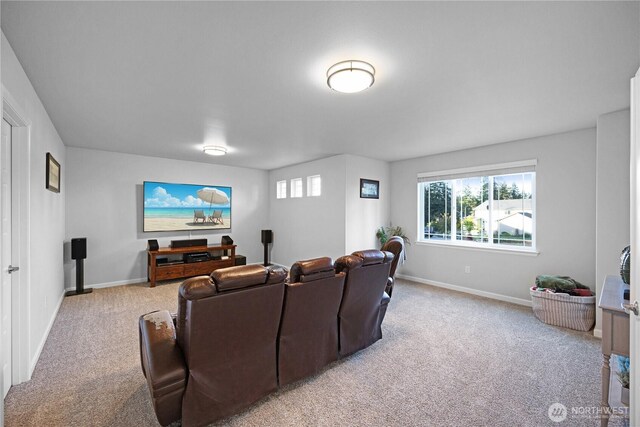 cinema with light carpet and baseboards