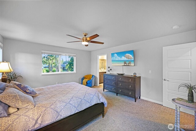 bedroom with carpet, baseboards, and a ceiling fan