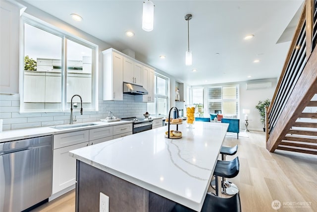 kitchen featuring light wood finished floors, a sink, under cabinet range hood, appliances with stainless steel finishes, and decorative backsplash