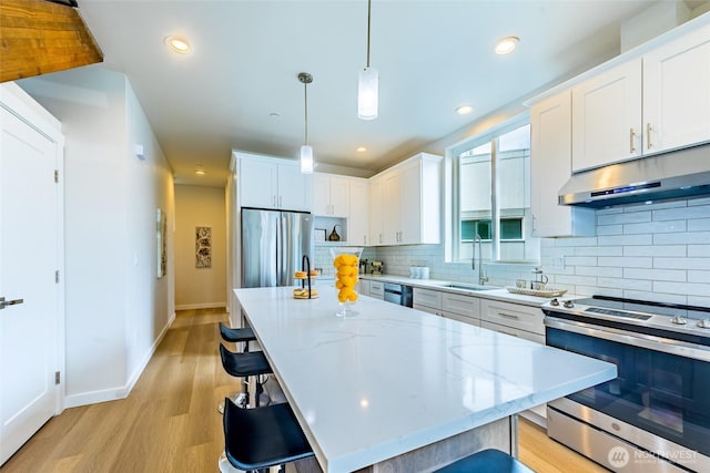 kitchen with a sink, baseboards, under cabinet range hood, appliances with stainless steel finishes, and decorative backsplash