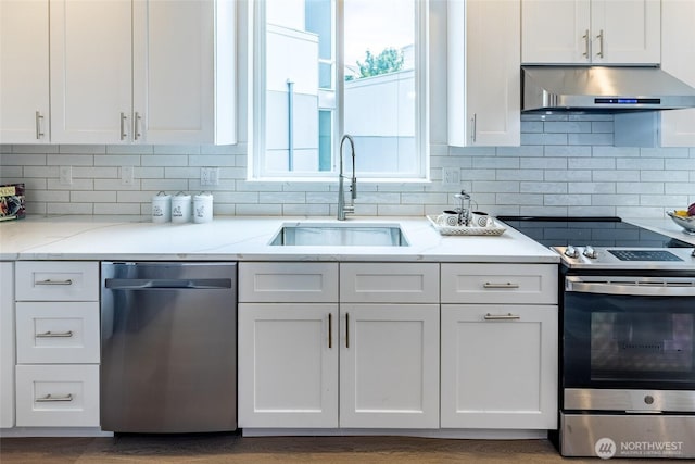 kitchen with under cabinet range hood, stainless steel appliances, white cabinetry, and a sink