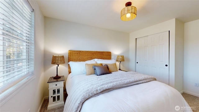 bedroom featuring multiple windows, carpet flooring, baseboards, and a closet