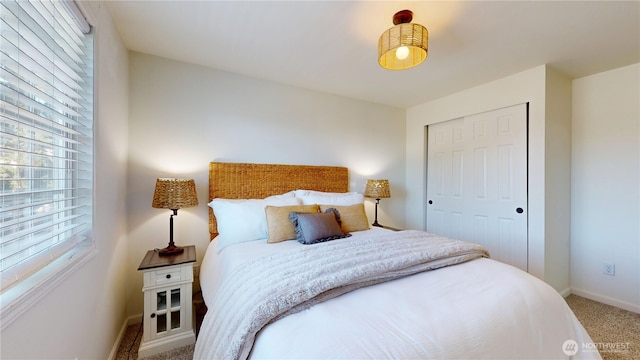 carpeted bedroom with baseboards, multiple windows, and a closet