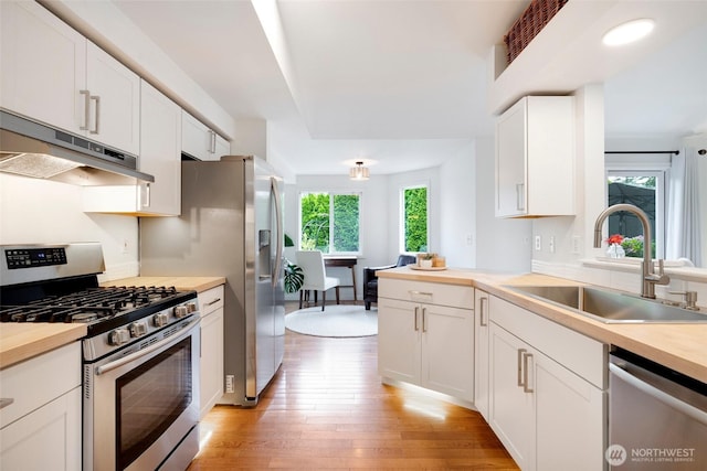 3416 189th St SE, Bothell, WA 98012 - kitchen featuring appliances with stainless steel finishes, a sink, under cabinet range hood, and light wood finished floors