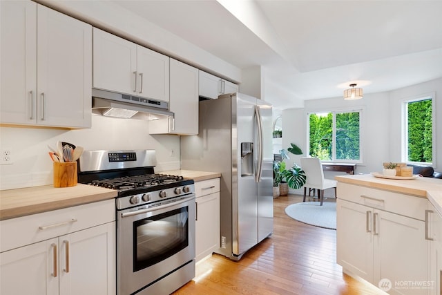 3416 189th St SE, Bothell, WA 98012 - kitchen featuring under cabinet range hood, stainless steel appliances, light wood-type flooring, white cabinetry, and wood counters