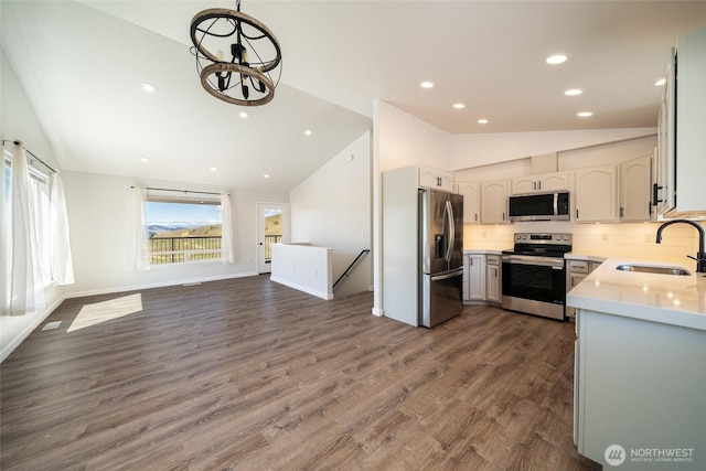 10 Spring Canyon Rd, Orondo, WA 98843 - kitchen featuring stainless steel appliances, lofted ceiling, a sink, open floor plan, and backsplash