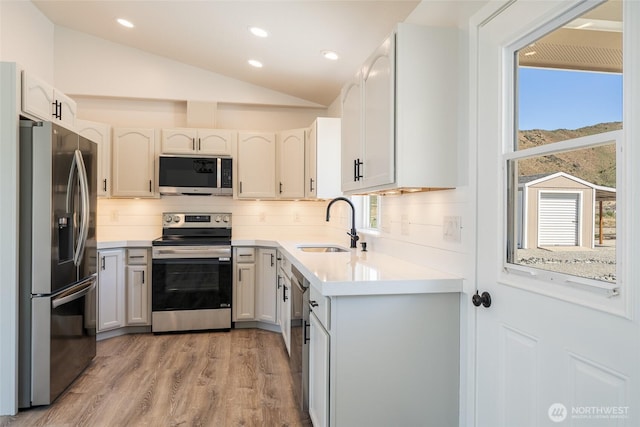 10 Spring Canyon Rd, Orondo, WA 98843 - kitchen featuring appliances with stainless steel finishes, lofted ceiling, a sink, decorative backsplash, and light wood-style flooring
