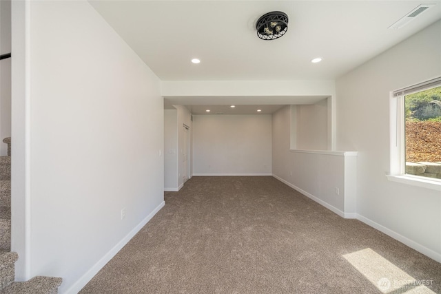 10 Spring Canyon Rd, Orondo, WA 98843 - empty room featuring carpet flooring, recessed lighting, baseboards, and stairway