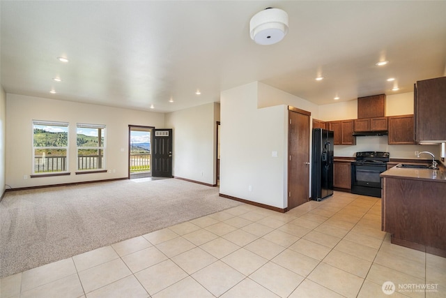 10 Spring Canyon Rd, Orondo, WA 98843 - kitchen featuring black appliances, a sink, recessed lighting, light colored carpet, and open floor plan