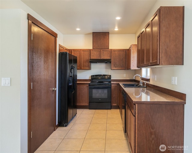 10 Spring Canyon Rd, Orondo, WA 98843 - kitchen featuring black appliances, a sink, under cabinet range hood, light tile patterned floors, and recessed lighting