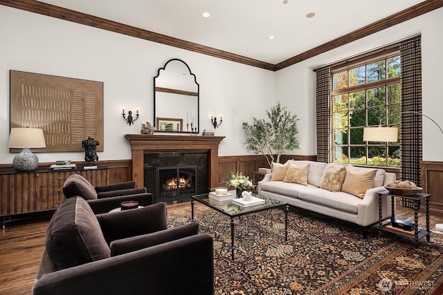 2045 250th Pl NE, Sammamish, WA 98074 - living room featuring wainscoting, dark wood finished floors, a high end fireplace, ornamental molding, and recessed lighting