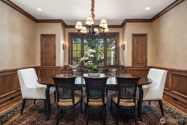 2045 250th Pl NE, Sammamish, WA 98074 - dining room with a chandelier, crown molding, wainscoting, recessed lighting, and wood finished floors