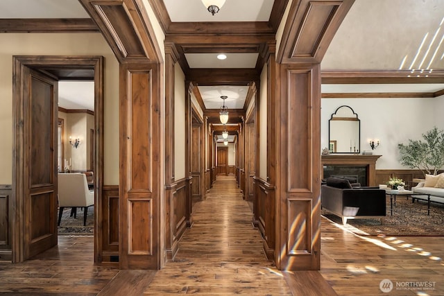 2045 250th Pl NE, Sammamish, WA 98074 - hall with dark wood finished floors, a wainscoted wall, ornamental molding, and a decorative wall