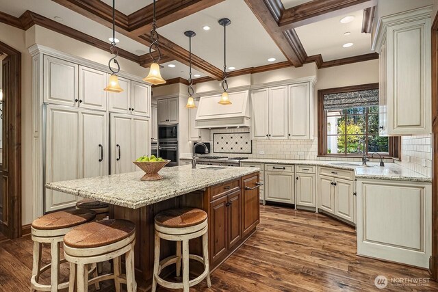 2045 250th Pl NE, Sammamish, WA 98074 - kitchen with a sink, stainless steel oven, dark wood-type flooring, built in microwave, and backsplash