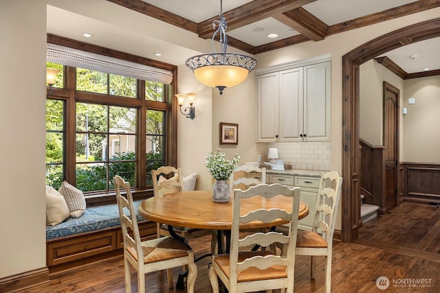 2045 250th Pl NE, Sammamish, WA 98074 - dining space with dark wood-style floors, coffered ceiling, beamed ceiling, wainscoting, and arched walkways