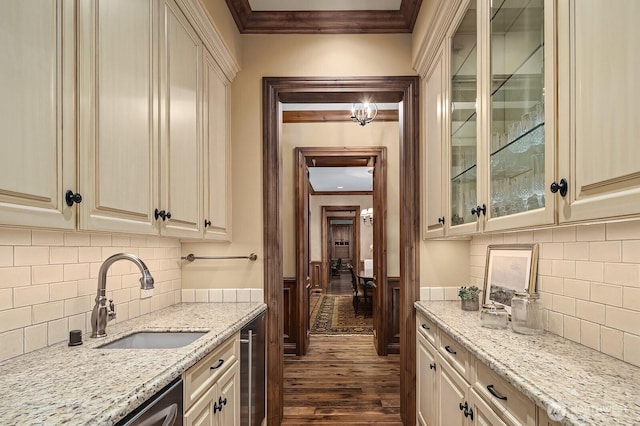 2045 250th Pl NE, Sammamish, WA 98074 - bar area featuring a sink, crown molding, dark wood-style floors, a wainscoted wall, and backsplash