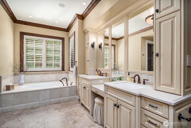 2045 250th Pl NE, Sammamish, WA 98074 - bathroom with ornamental molding, healthy amount of natural light, a bath, and two vanities