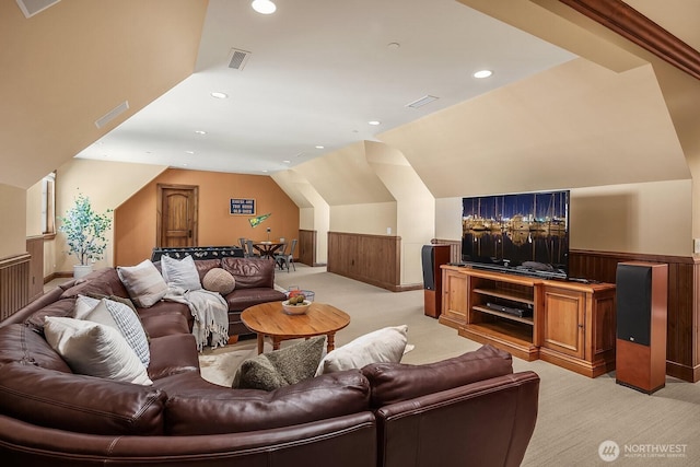2045 250th Pl NE, Sammamish, WA 98074 - cinema with light colored carpet, vaulted ceiling, wainscoting, and recessed lighting