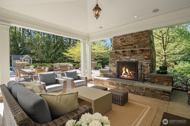 2045 250th Pl NE, Sammamish, WA 98074 - view of patio / terrace featuring an outdoor living space with a fireplace and outdoor dining space