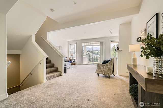 living area with carpet and stairs