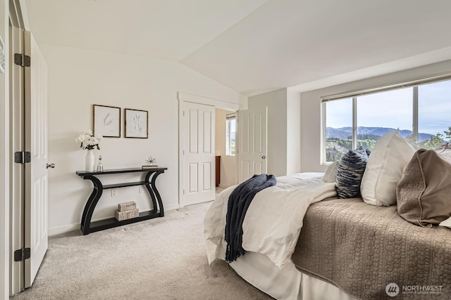 bedroom with lofted ceiling, multiple windows, light carpet, and baseboards
