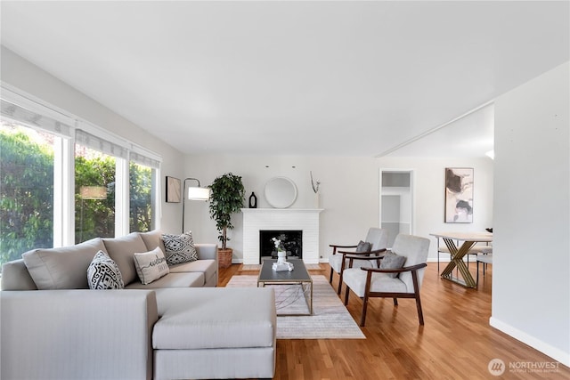 living area featuring a fireplace, light wood-style floors, and baseboards