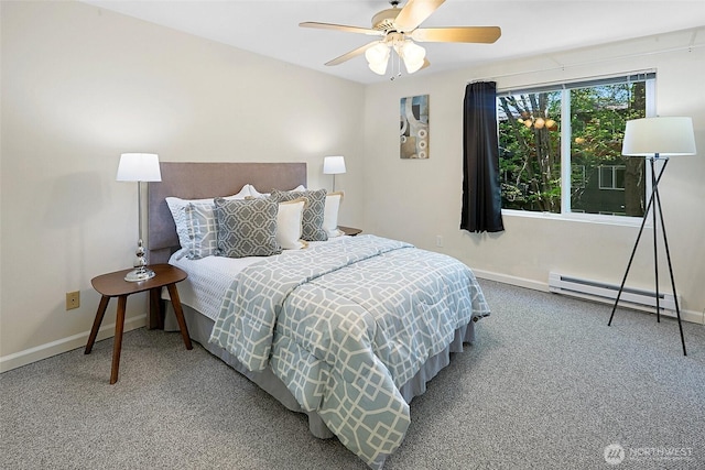 carpeted bedroom with baseboards, a baseboard radiator, and a ceiling fan