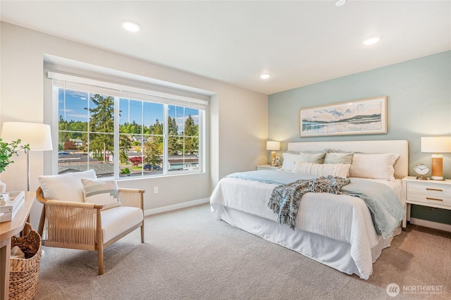 bedroom with baseboards, carpet flooring, and recessed lighting