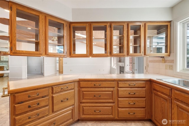 kitchen featuring brown cabinets, a healthy amount of sunlight, and glass insert cabinets