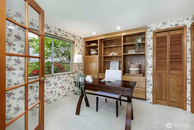 home office featuring wallpapered walls, light carpet, and recessed lighting