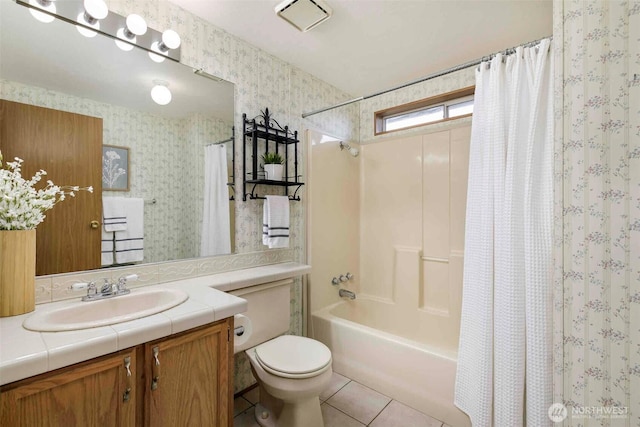 bathroom featuring wallpapered walls, tile patterned flooring, toilet, shower / tub combo, and vanity