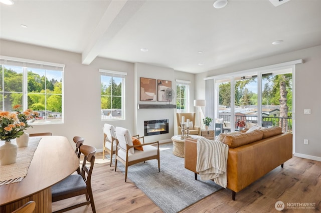 living room featuring light wood-style flooring, baseboards, plenty of natural light, and beam ceiling