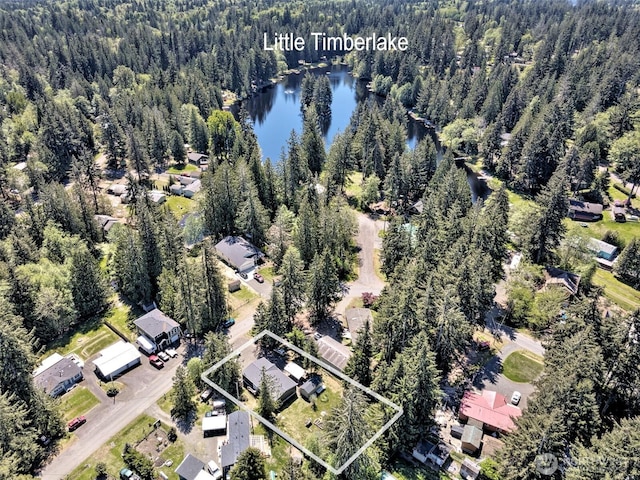 aerial overview of property's location with property parcel outlined, a nearby body of water, and a heavily wooded area
