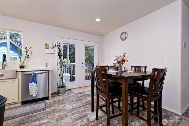 dining room featuring french doors, wood finished floors, plenty of natural light, baseboards, and recessed lighting