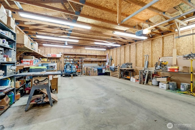 garage featuring a workshop area and a garage door opener