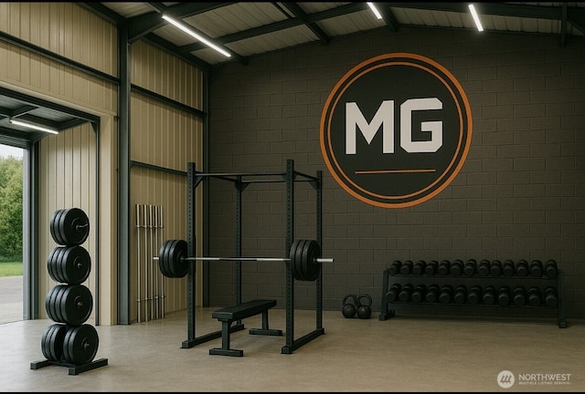 exercise room with lofted ceiling