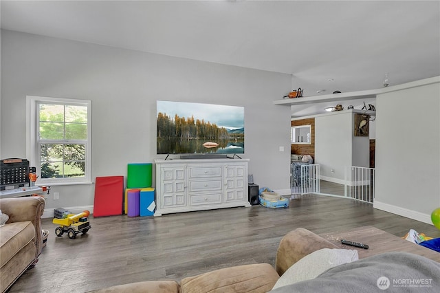 living area featuring wood finished floors and baseboards