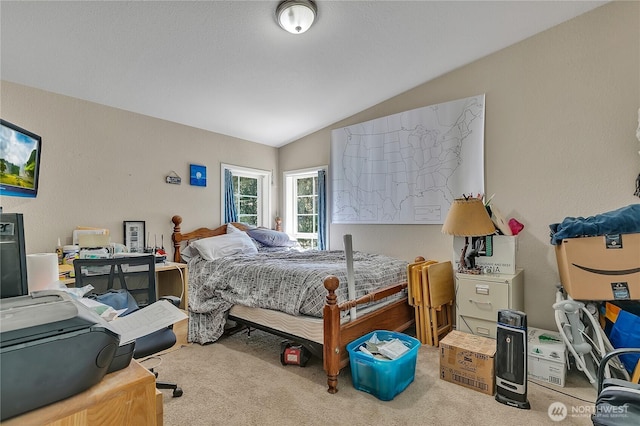 bedroom with carpet floors and vaulted ceiling