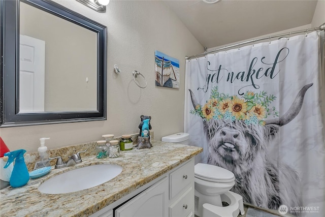 bathroom with a shower with shower curtain, vanity, toilet, and a textured wall