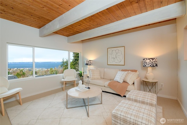 living room with wood ceiling, baseboards, and beam ceiling