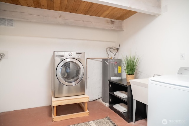 laundry room with laundry area, electric water heater, washer / dryer, and visible vents