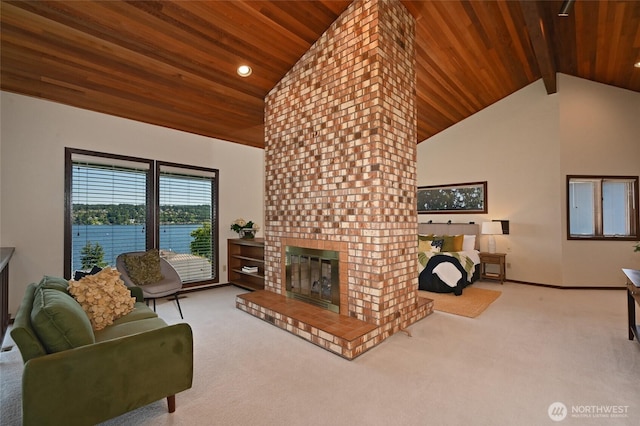3911 NE 158th Ln, Lake Forest Park, WA 98155 - living area featuring wood ceiling with exposed beams, carpet floors, a fireplace, high vaulted ceiling, and baseboards